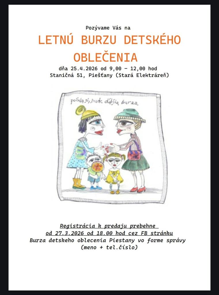 Pozvánka na&nbsp;letnú burzu detského ošatenia - Stará elektráreň Piešťany